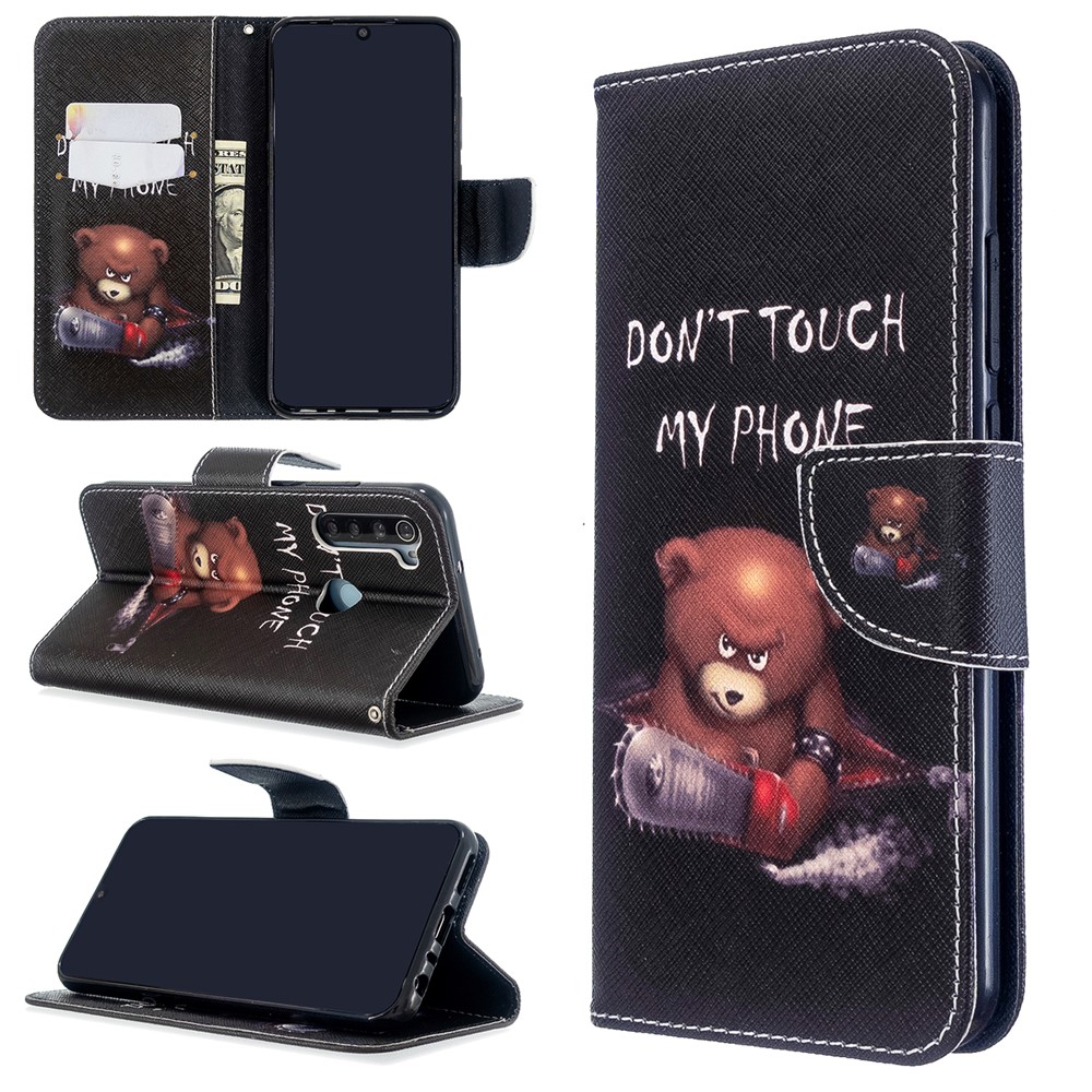 Pattern Printing Leather Wallet Case for Xiaomi Redmi Note 8T - Brown Bear and Warning Words-1