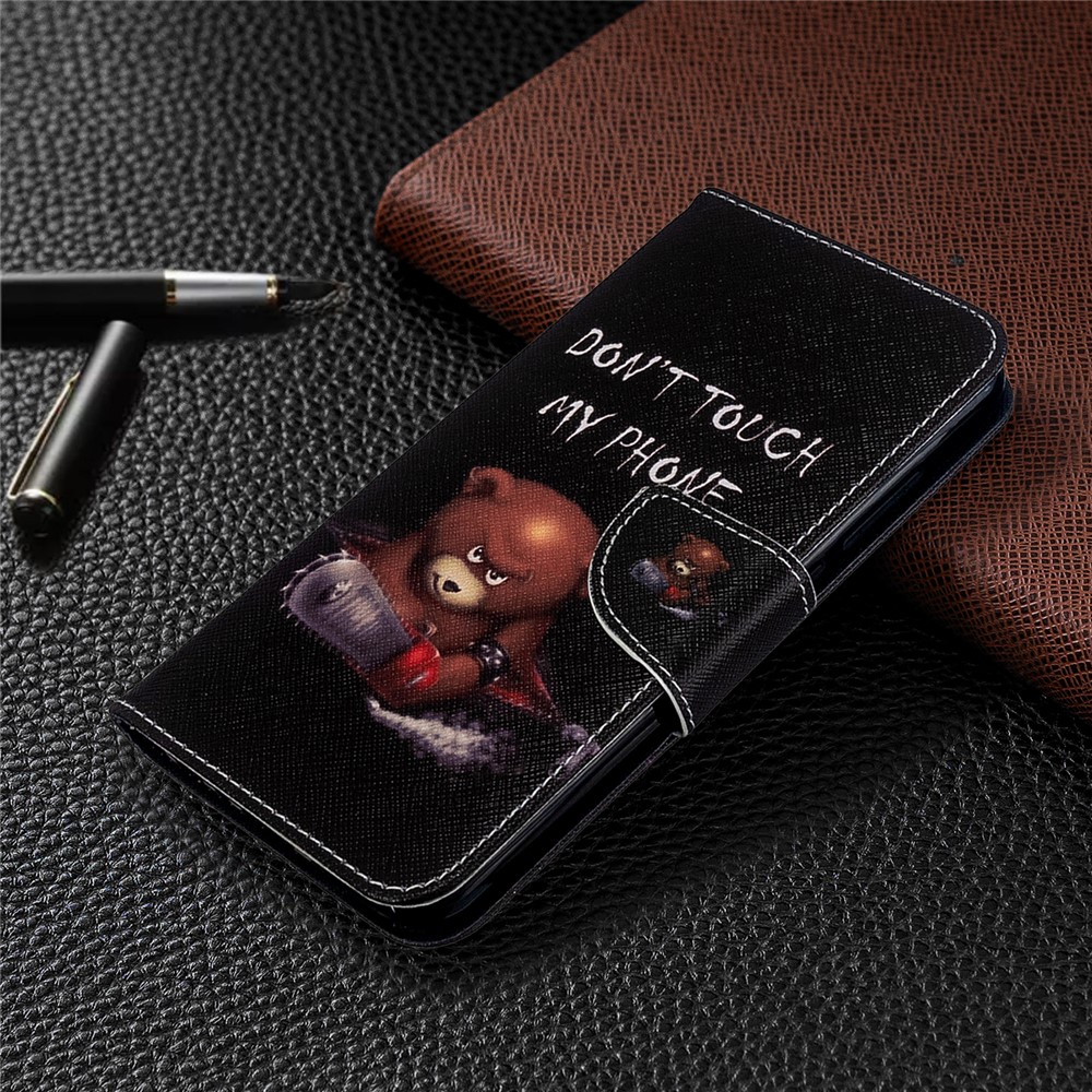 Pattern Printing Leather Wallet Case for Xiaomi Redmi Note 8T - Brown Bear and Warning Words-7