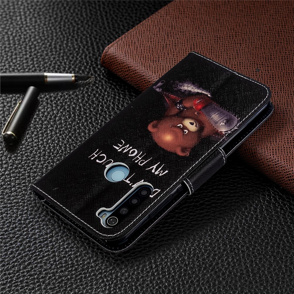 Padrão Printing Leather Cartet Case Para Xiaomi Redmi Note 8T - Urso Marrom e Palavras de Aviso