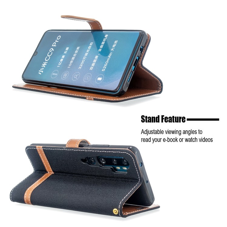 Assorted Color Jeans Cloth Leather Wallet Case for Xiaomi Mi CC9 Pro / Mi Note 10 / Mi Note 10 Pro - Black-5