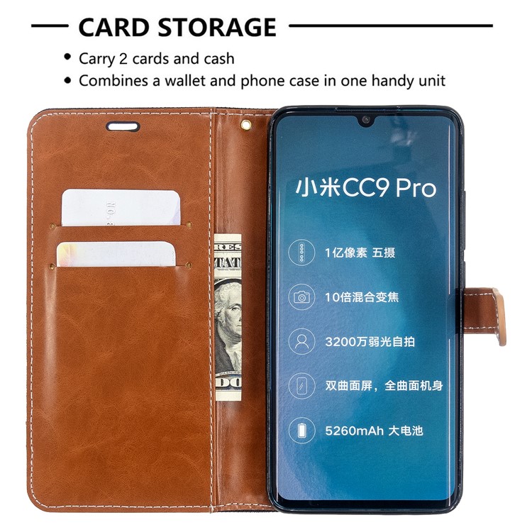 Calças De Brim Cor Caso Carteira De Couro Pano Assorted Para Xiaomi Mi CC9 Pro / Mi Nota 10 / Mi Nota 10 Pro - Preto-6