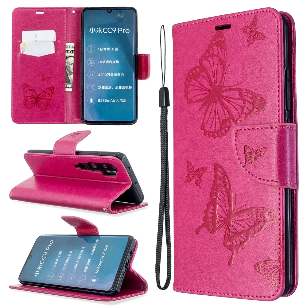 Imprint Butterfly Magnetic Leather Stand Case for Xiaomi Mi CC9 Pro / Mi Note 10 / Mi Note 10 Pro - Rose-1