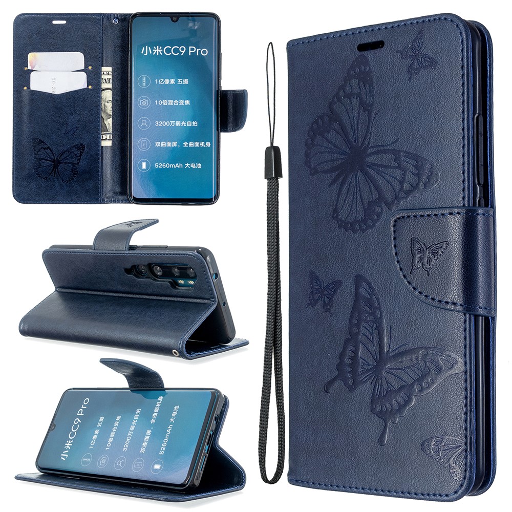 Imprint Butterfly Magnetic Leather Stand Case for Xiaomi Mi CC9 Pro / Mi Note 10 / Mi Note 10 Pro - Blue-1