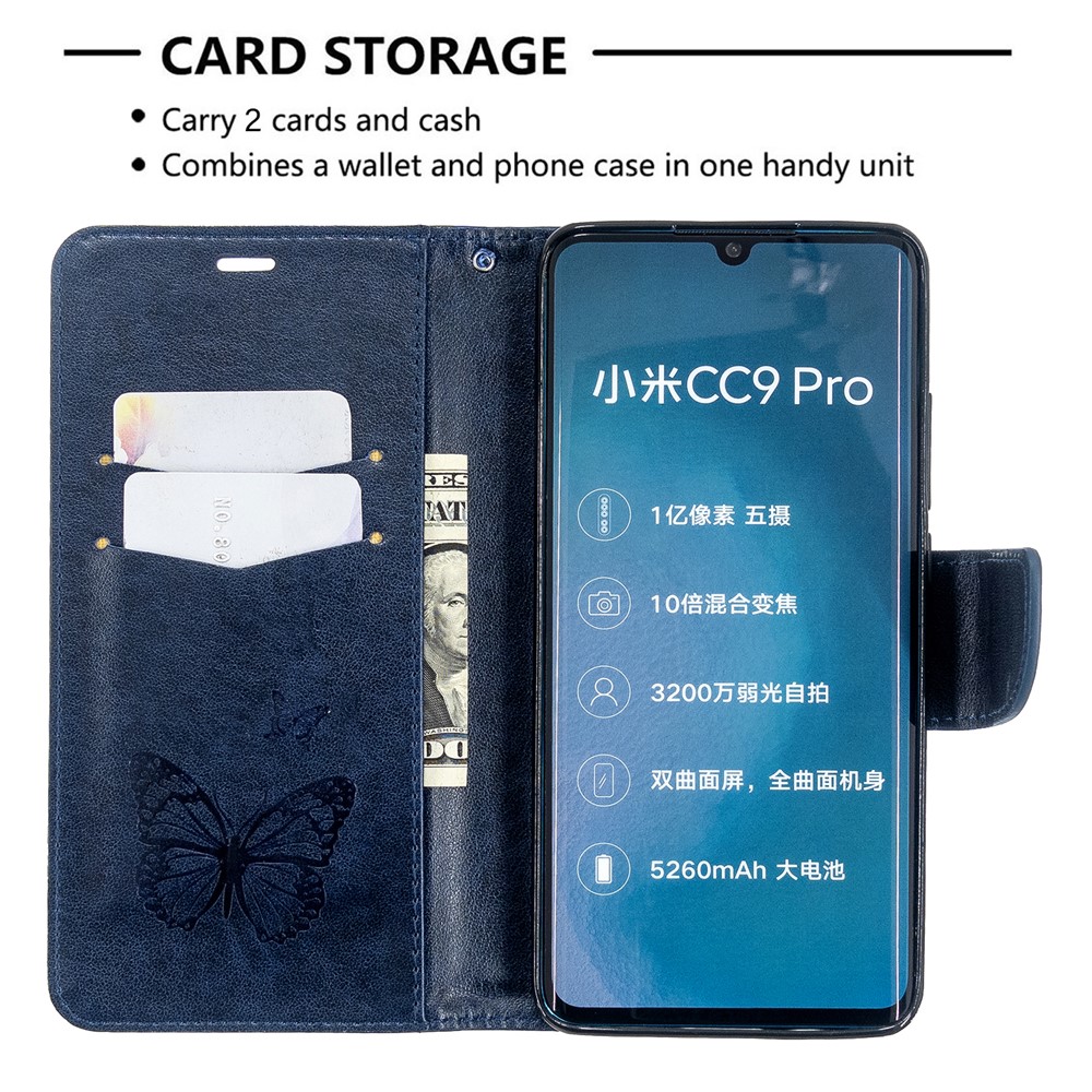 Imprint Butterfly Magnetic Leather Stand Case for Xiaomi Mi CC9 Pro / Mi Note 10 / Mi Note 10 Pro - Blue-6