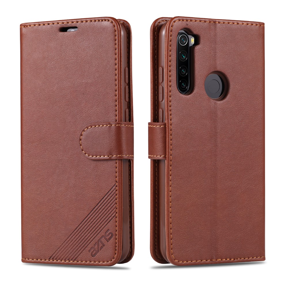 AZNS PU Leather Wallet Stand Phone Case for Xiaomi Redmi Note 8T - Brown-1