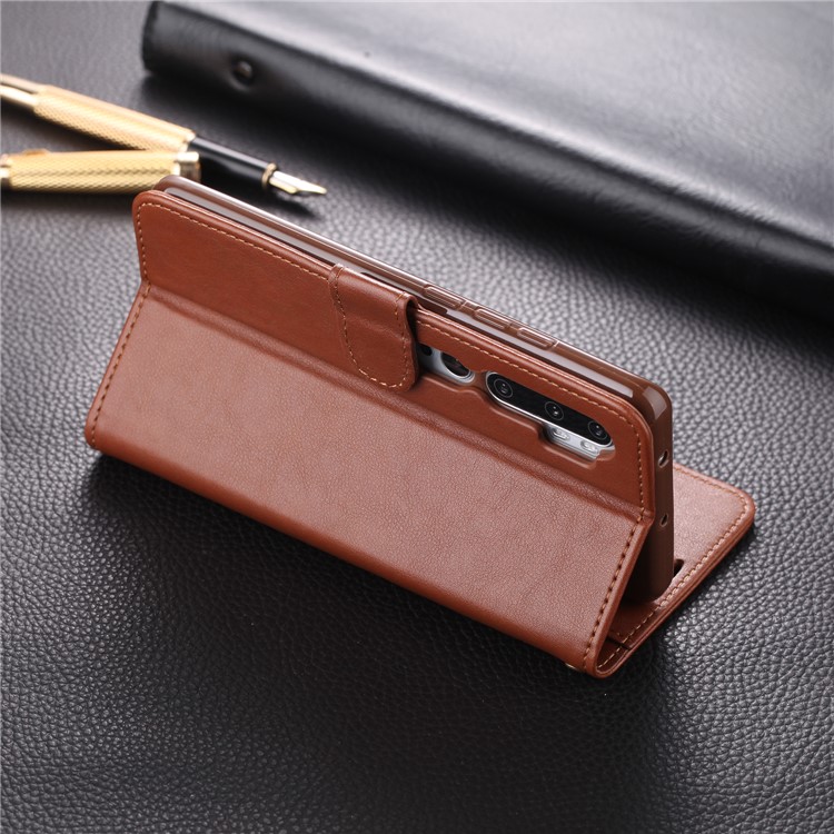 AZNS Leather Phone Cover Wallet Case for Xiaomi Mi CC9 Pro/Note 10 - Brown-14