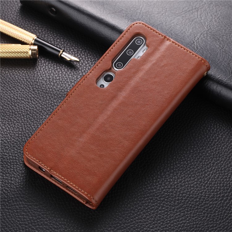 AZNS Leather Phone Cover Wallet Case for Xiaomi Mi CC9 Pro/Note 10 - Brown-2