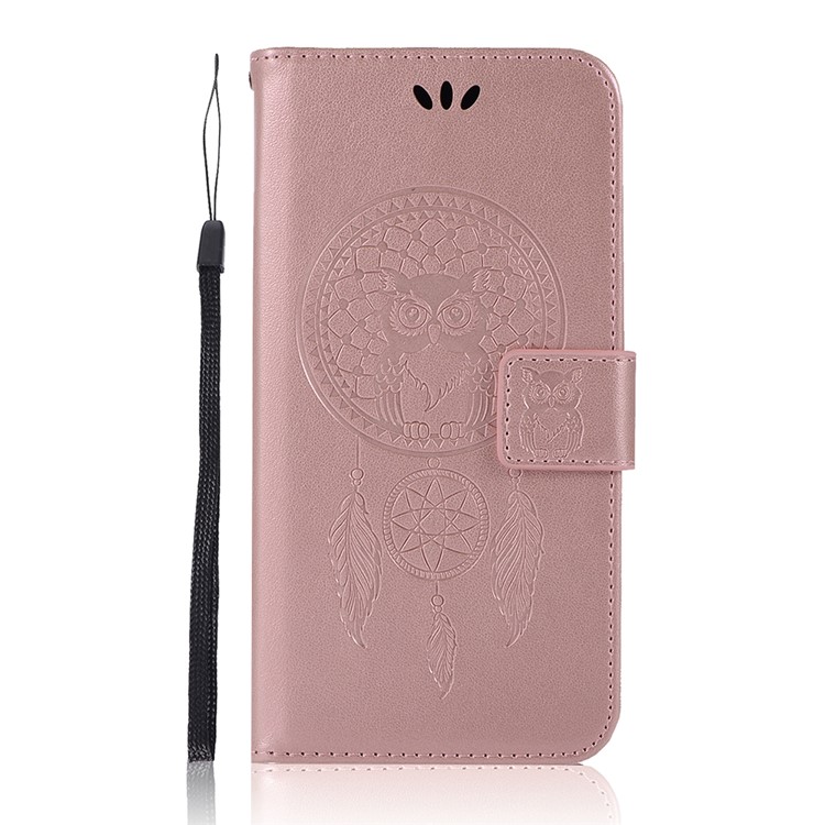 Caixa de Carteira de Couro de Apanhador de Sonho Impressa Para Xiaomi Redmi 8 - Rosa Ouro