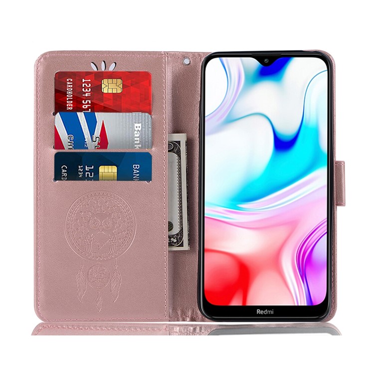 Catadero de Billetera de Cuero de Búho de Ensueño Impreso Para Xiaomi Redmi 8 - Oro Rosa