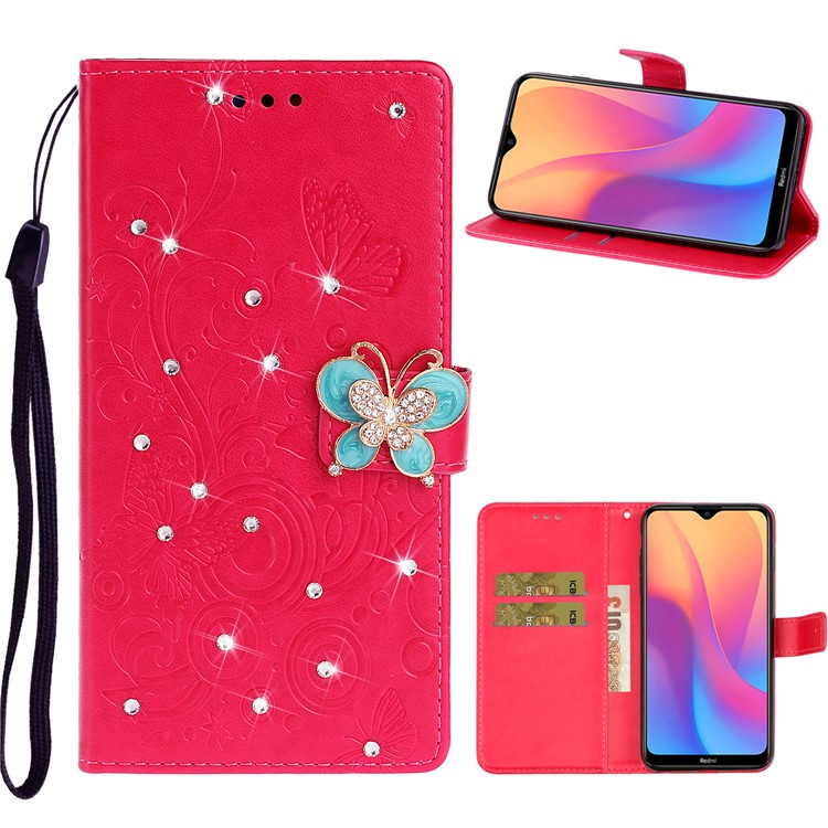 Diamantes De Imitación De Cuero Caso Carpeta De La Flor De Mariposa Impronta De Xiaomi Redmi 8A - Rosa-1