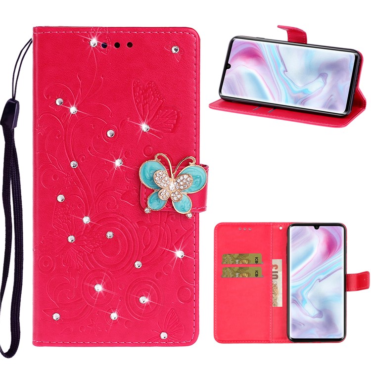 Imprint Flower Butterfly Rhinestone Leather Wallet Case for Xiaomi Mi Note 10 / Mi Note 10 Pro - Rose-1