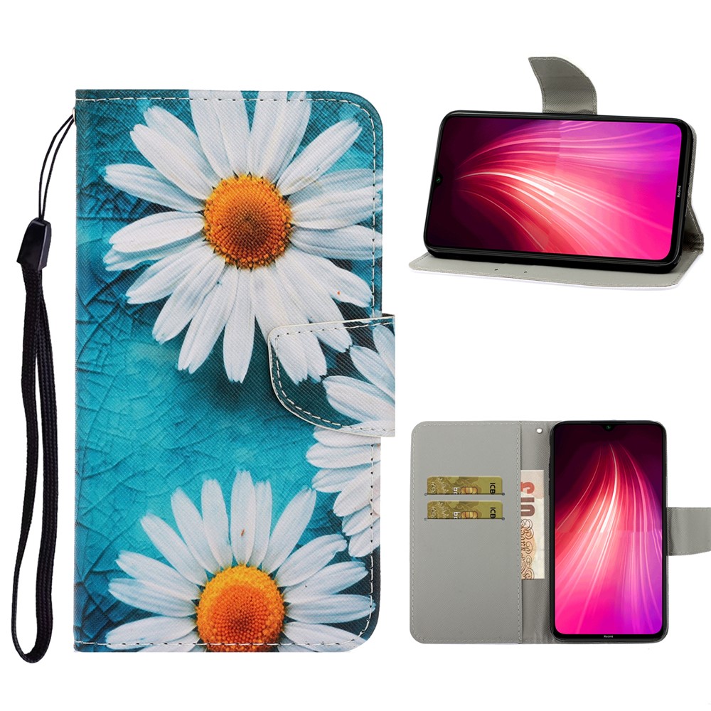 Muster Druckspiegel Leder Brieftasche Telefonabdeckung Hülle Für Xiaomi Redmi Note 8t - Weiße Blume