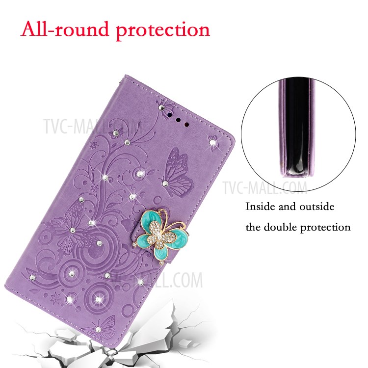 Imprint Flower Butterfly Rhinestone Leather Wallet Case for Xiaomi Redmi Note 8 - Purple-6