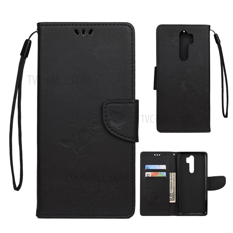 Butterfly Flowers Imprint Leather Stand Wallet Folio Case for Xiaomi Redmi Note 8 Pro - Black-1