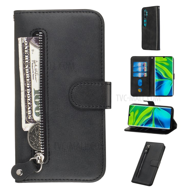 Zipper Pocket Leather Phone Protective Cover for Xiaomi Mi Note 10/Note 10 Pro/CC9 Pro - Black-1