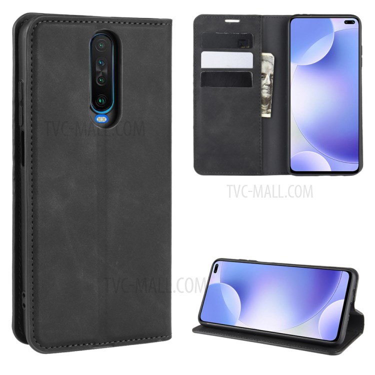 Silky Touch Leather Wallet Case Phone Cover for Xiaomi Redmi K30 - Black-1