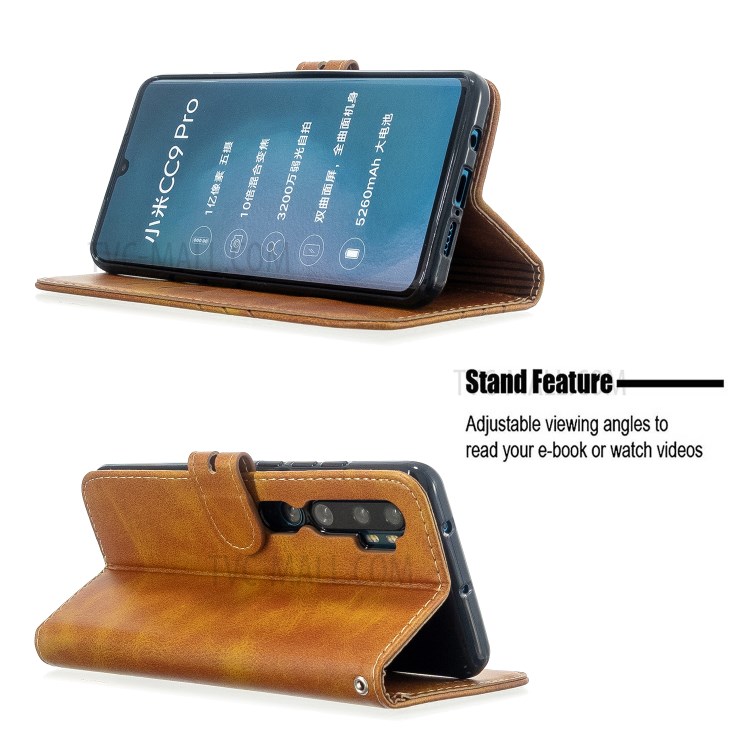 Solid Color Wallet Magnetic Leather Cover for Xiaomi Mi CC9 Pro/Mi Note 10/Mi Note 10 Pro - Brown-6