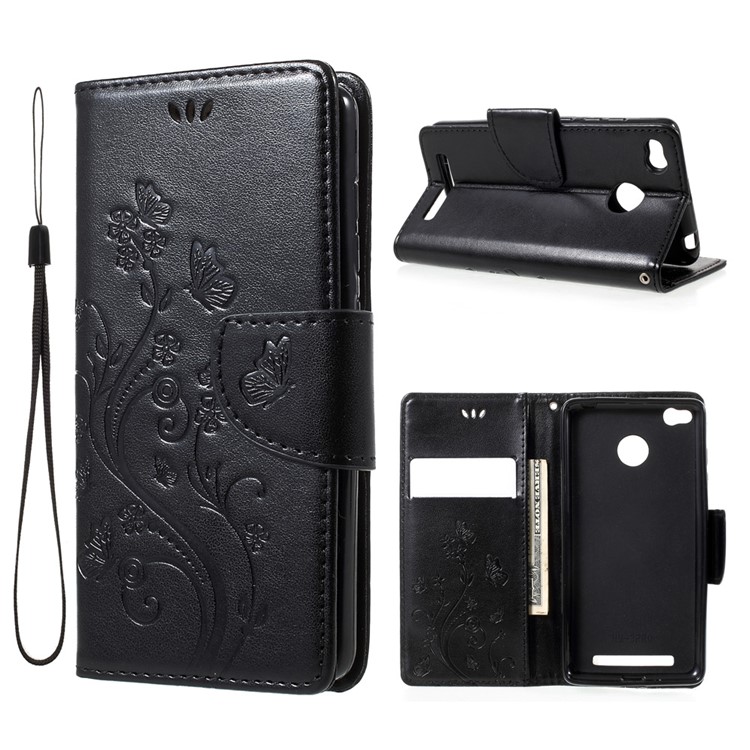 Imprinted Butterfly Flowers Leather Wallet Case for Xiaomi Redmi 3 Pro - Black-1