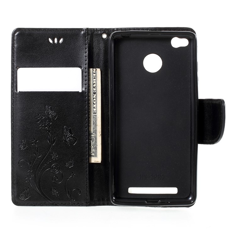 Imprinted Butterfly Flowers Leather Wallet Case for Xiaomi Redmi 3 Pro - Black-5