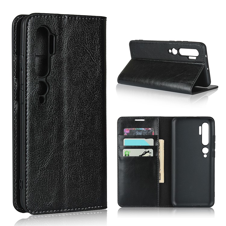 Crazy Horse Wallet Stand Véritable Étui de Téléphone en Cuir Pour Xiaomi Mi CC9 Pro / mi Note 10 / Note 10 Pro - le Noir