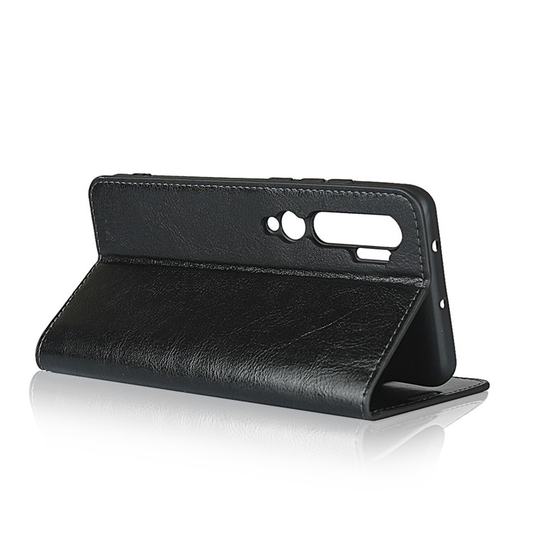 Crazy Horse Wallet Stand Stand Caso de Couro Genuíno Para Xiaomi Mi CC9 Pro / Mi Nota 10 / Nota 10 Pro - Preto