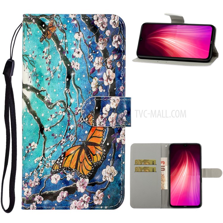 Pattern Printing Light Spot Decor Leather Wallet Phone Shell for Xiaomi Redmi Note 8 - Flower and Butterfly-1