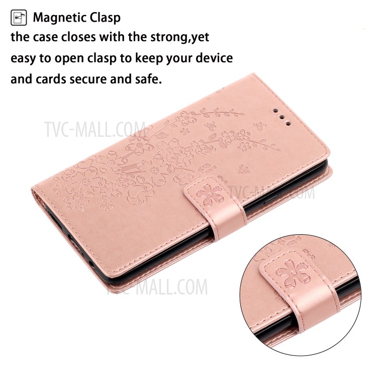 Imprinted Plum Blossom Leather Wallet Mobile Shell for Xiaomi Redmi Note 8T - Rose Gold-5