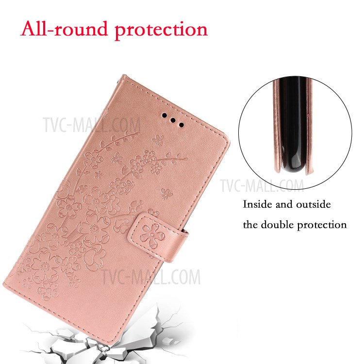 Imprinted Plum Blossom Leather Wallet Mobile Shell for Xiaomi Redmi Note 8T - Rose Gold-6