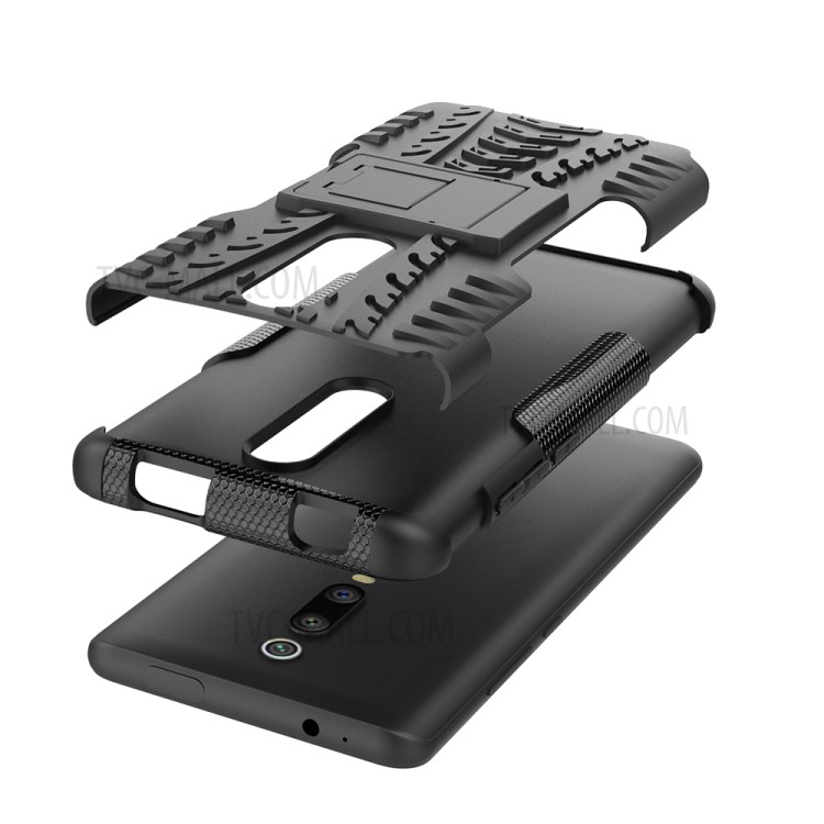 Tyre Pattern PC +TPU Hybrid Back Case with Kickstand for Xiaomi Redmi K30/K30 5G - Black-6