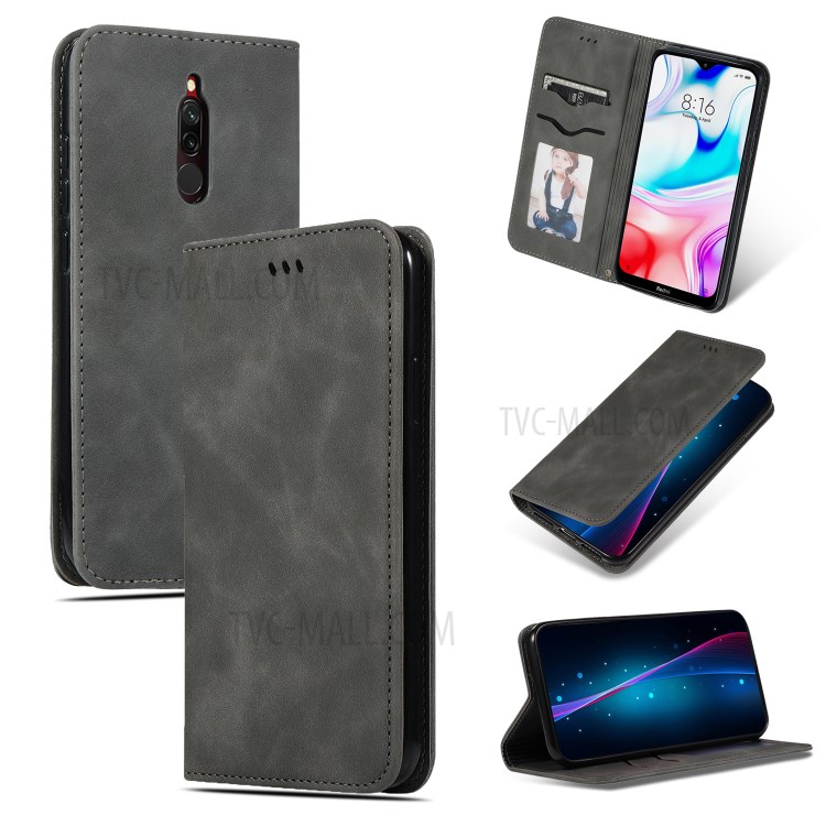 Business Style PU Leather Card Slots Stand Phone Casing for Xiaomi Redmi 8/8A - Black-1