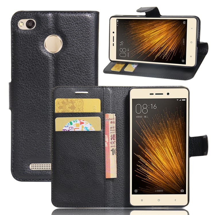Lychee Skin Wallet Leather Stand Case for Xiaomi Redmi 3x - Black-1