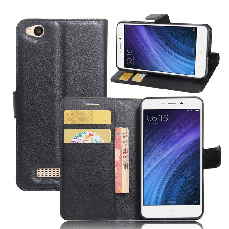 Lychee Skin Wallet Leather Stand Case for Xiaomi Redmi 4a - Black-1