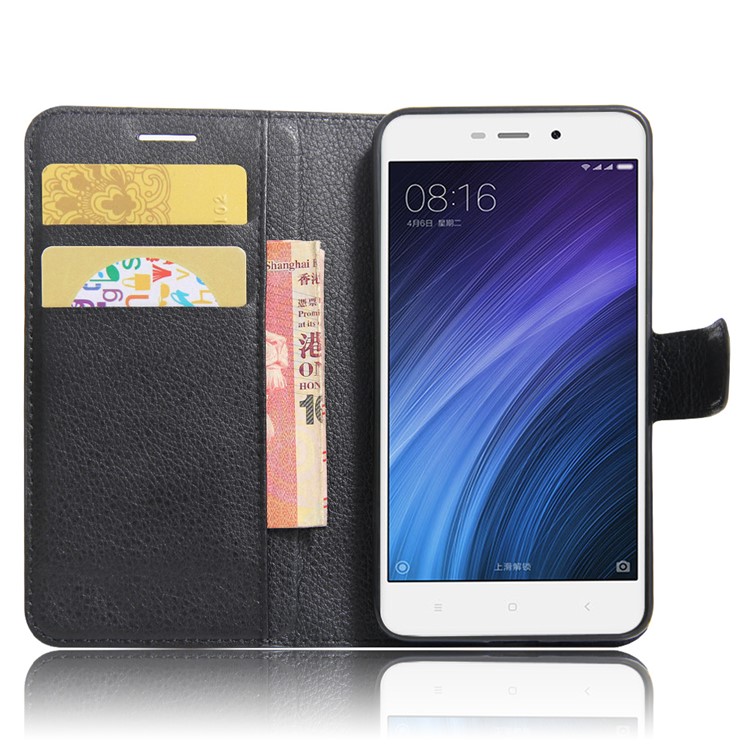 Lychee Skin Wallet Leather Stand Case for Xiaomi Redmi 4a - Black-5