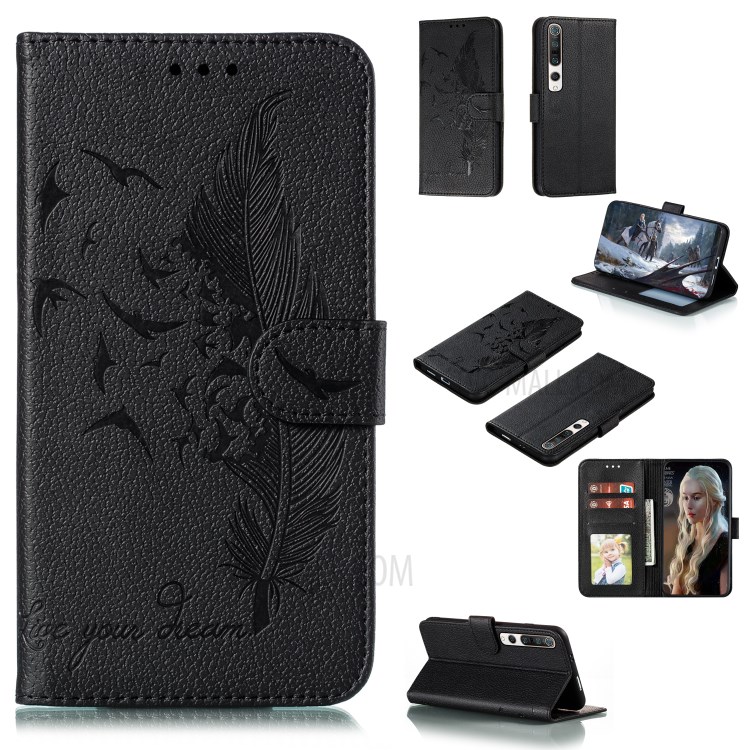 Imprint Feather Pattern Litchi Skin Leather Wallet Case for Xiaomi Mi 10/Mi 10 Pro - Black-1