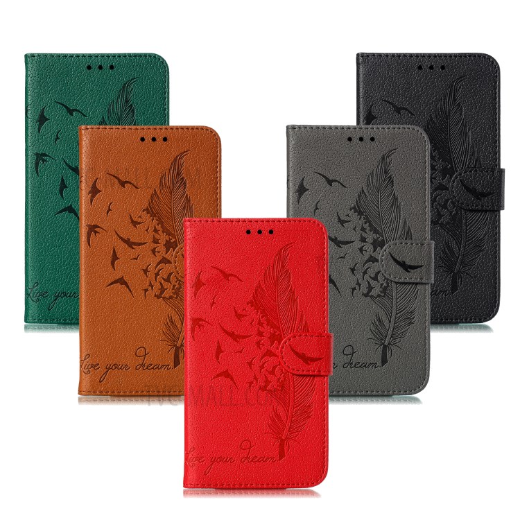 Imprint Feather Pattern Litchi Skin Leather Wallet Case for Xiaomi Mi 10/Mi 10 Pro - Black-12