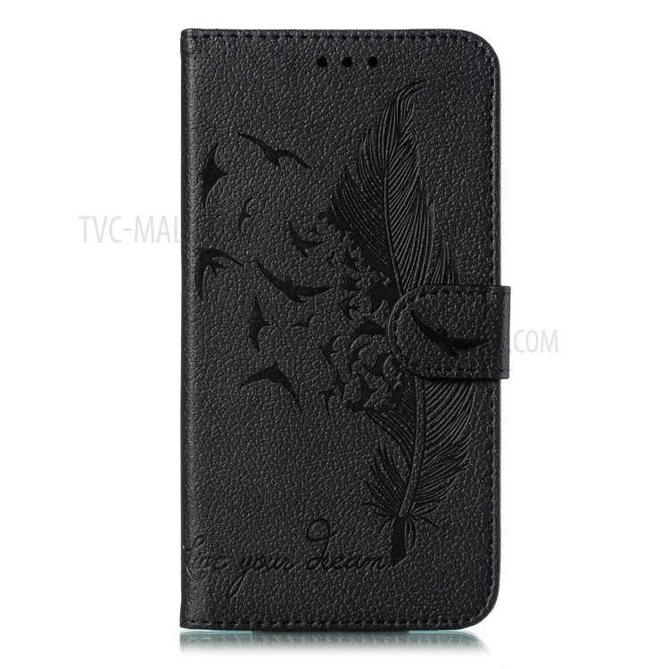 Imprint Feather Pattern Litchi Skin Leather Wallet Case for Xiaomi Mi 10/Mi 10 Pro - Black-2