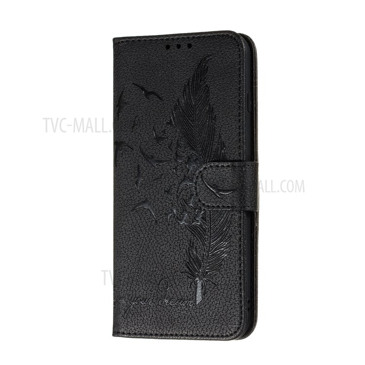 Imprint Feather Pattern Litchi Skin Leather Wallet Case for Xiaomi Mi 10/Mi 10 Pro - Black-3