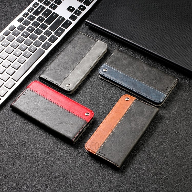 Business Style Splicing Auto-absorbed Leather Phone Shell with Card Holder for Xiaomi Redmi Note 8 - Grey-17