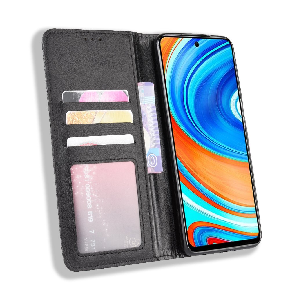 Custodia di Protezione Per Supporto Per Portafoglio Automatico in Pelle Vintage Per Xiaomi Redmi Note 9S/Redmi Nota 9 Pro/Redmi Nota 9 Pro Max - Nero