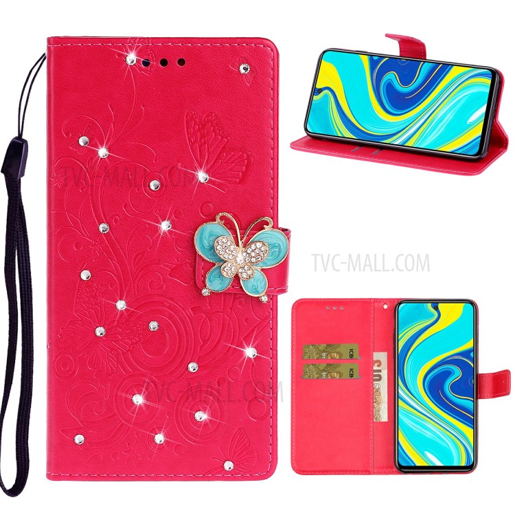 Imprint Flower Butterfly Rhinestone Leather Wallet Case for Xiaomi Redmi Note 9 Pro - Rose-1