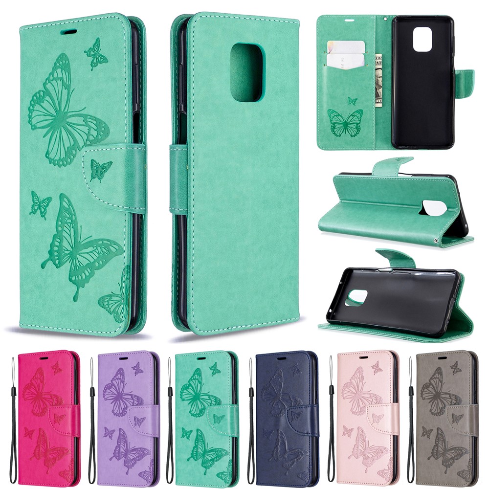 Étui À Rabat Support Porte-monnaie Empreinte De Papillons En Cuir Pour La Note Xiaomi Redmi 9/9 Note 9S Pro / Note - Vert-9