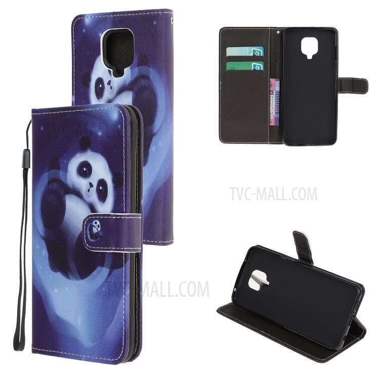 Pattern Printing Cross Texture Leather Wallet Phone Shell with Strap for Xiaomi Redmi Note 9 Pro - Panda-1