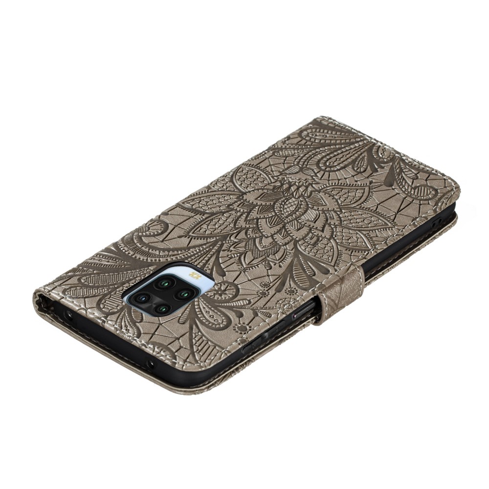 Imprinted Lace Flower Skin Leather Wallet Cover for Xiaomi Redmi Note 9S/Redmi Note 9 Pro/Redmi Note 9 Pro Max - Grey-7