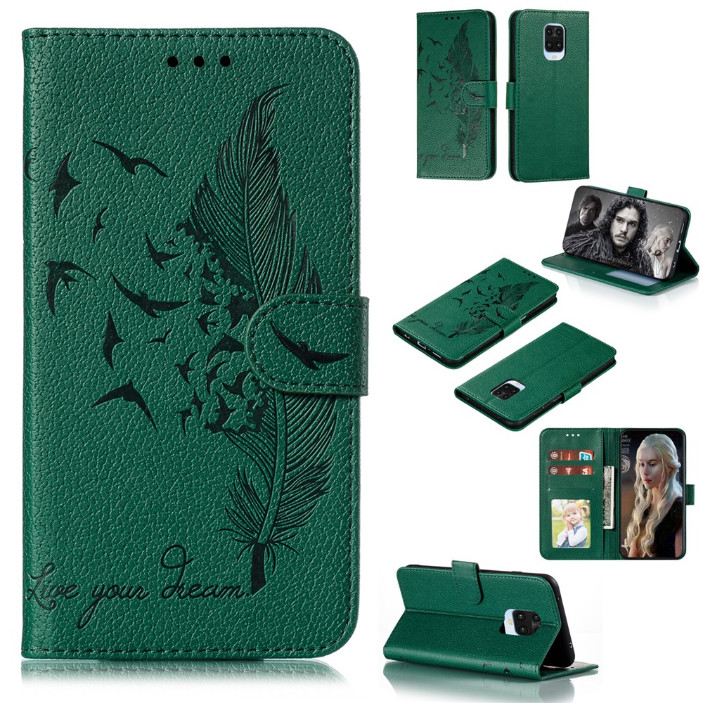Imprint Feather Pattern Litchi Skin Leather Wallet Case for Xiaomi Redmi Note 9S / Note 9 Pro Max / Note 9 Pro - Green-1