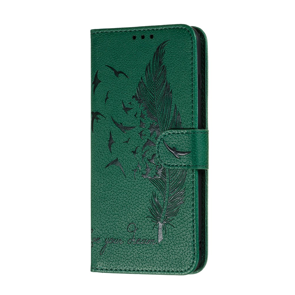 Imprint Feather Pattern Litchi Skin Leather Wallet Case for Xiaomi Redmi Note 9S / Note 9 Pro Max / Note 9 Pro - Green-3