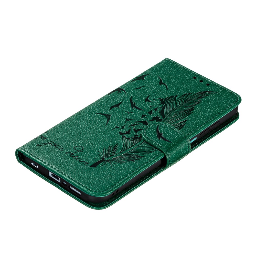 Imprint Feather Pattern Litchi Skin Leather Wallet Case for Xiaomi Redmi Note 9S / Note 9 Pro Max / Note 9 Pro - Green-8