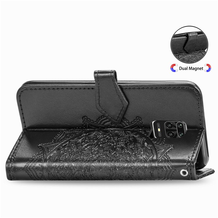 Caja de Cuero de Flores de Mandala en Relieve Con Soporte de Billetera Para Xiaomi Redmi Note 9 Pro / Nota 9 Pro Max / Nota 9S - Negro