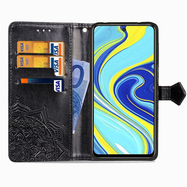 Embossed Mandala Flower Leather Case with Wallet Stand for Xiaomi Redmi Note 9 Pro / Note 9 Pro Max / Note 9S - Black-9