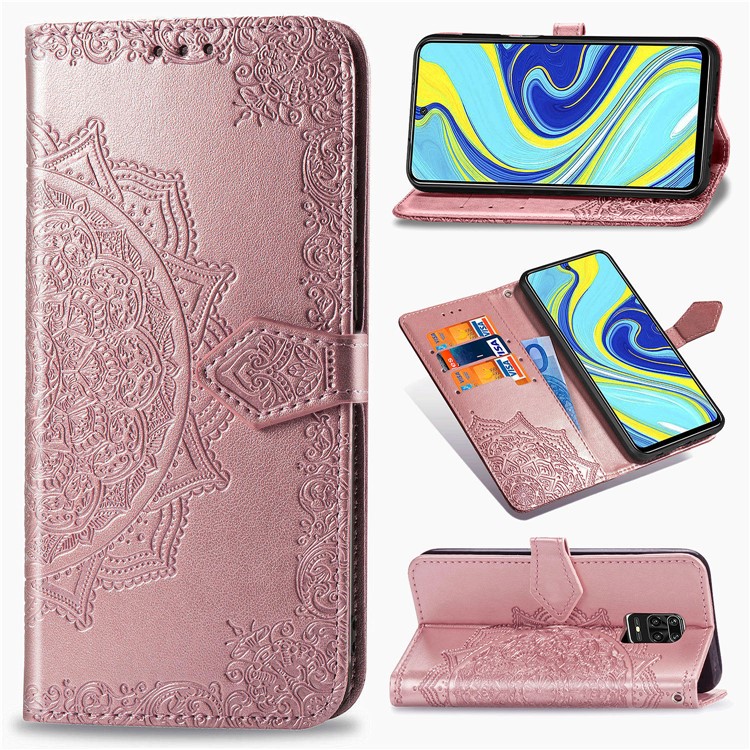 Embossed Mandala Flower Leather Case with Wallet Stand for Xiaomi Redmi Note 9 Pro / Note 9 Pro Max / Note 9S - Rose Gold-1
