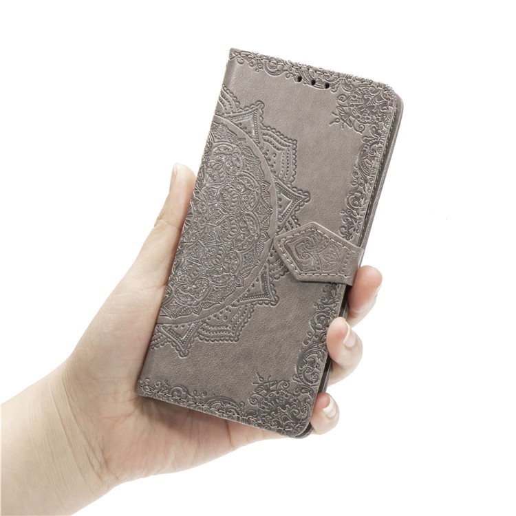 Étui en Cuir de Fleur Mandala en Relief Avec Support de Portefeuille Pour Xiaomi Redmi Note 9 Pro / Remarque 9 Pro Max / Note 9S - Gris-3